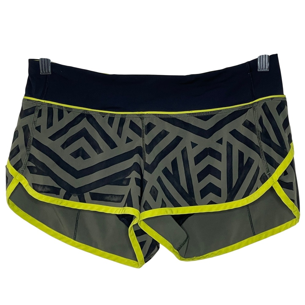 Lululemon Speed Up Shorts 6 Fatigue Green Black Geometric Citron Yellow Trim